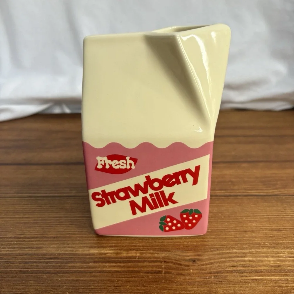ban.do Strawberry Milk Carton Ceramic Vase Pink Kawaii Desk Decor Holder
